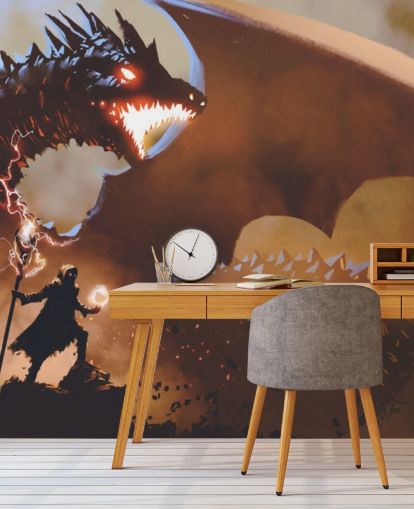 fire breathing dragon and wizard wallpaper