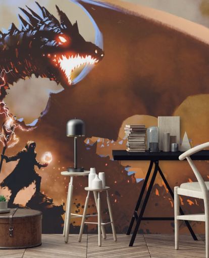 fire breathing dragon and wizard wallpaper