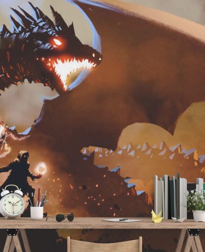 fire breathing dragon and wizard wallpaper