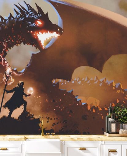 fire breathing dragon and wizard wallpaper