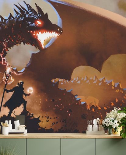 fire breathing dragon and wizard wallpaper