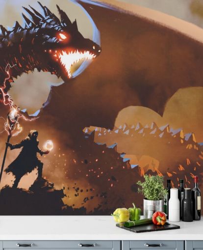 fire breathing dragon and wizard wallpaper