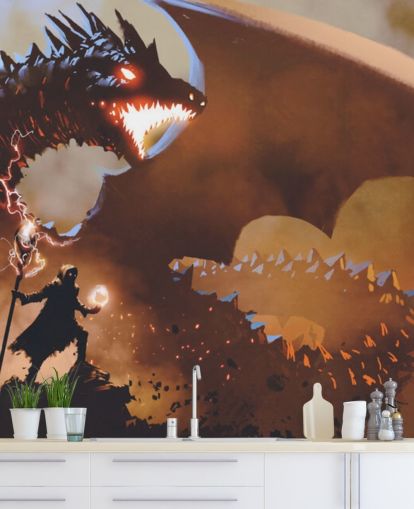 fire breathing dragon and wizard wallpaper