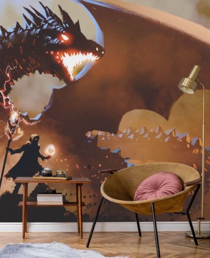 fire breathing dragon and wizard wallpaper