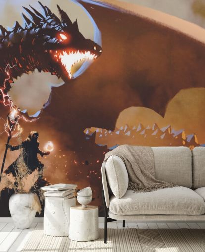 fire breathing dragon and wizard wallpaper