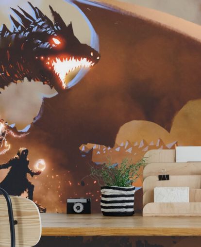 dragón y mago que respira fuego fondo