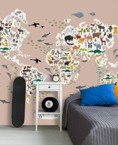 colourful animal world map wallpaper