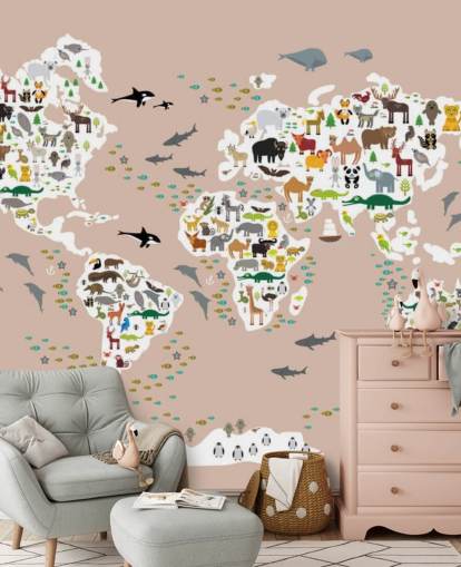 colourful animal world map wallpaper
