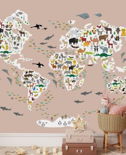 kleurrijke dieren wereldkaart behang