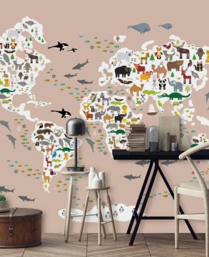 colourful animal world map wallpaper