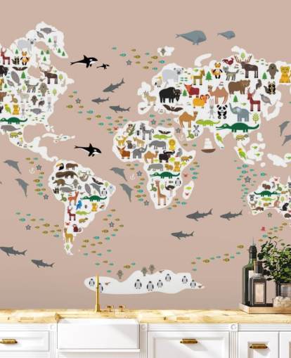 colourful animal world map wallpaper
