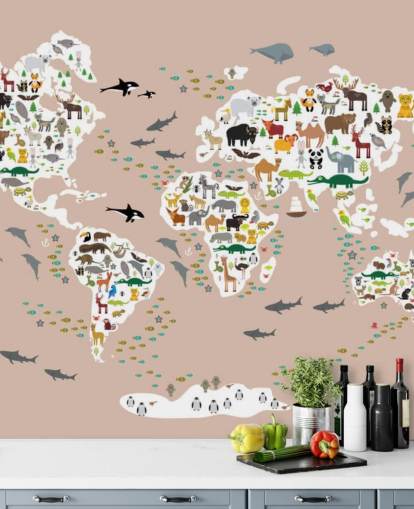 colourful animal world map wallpaper