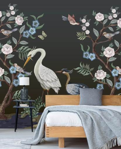 black background with oriental trees and birds wallpaper