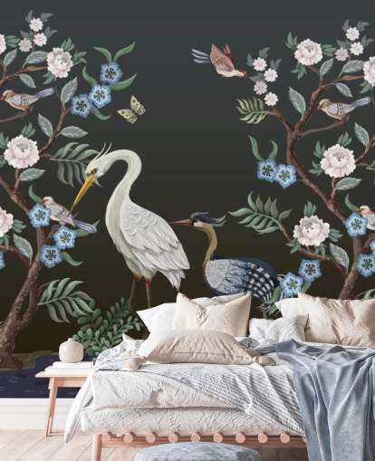 black background with oriental trees and birds wallpaper