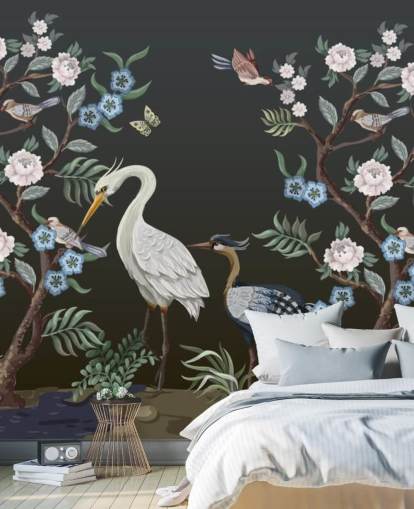 fundo preto com árvores orientais e pássaros papel de parede