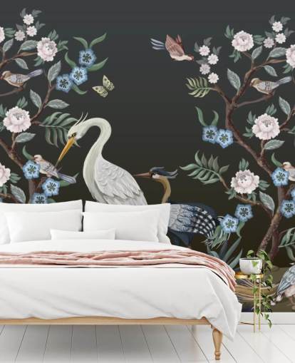 fondo negro con papel tapiz de árboles y pájaros orientales fondo negro con papel tapiz de árboles y pájaros orientales