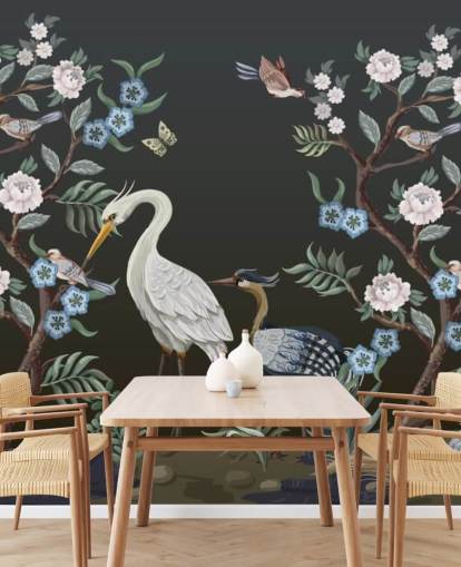 black background with oriental trees and birds wallpaper