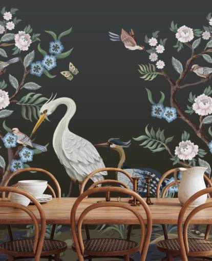 black background with oriental trees and birds wallpaper