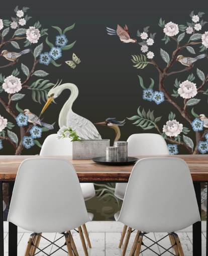 black background with oriental trees and birds wallpaper