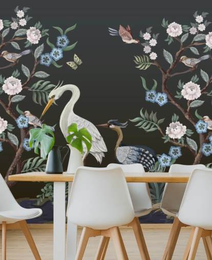 fundo preto com árvores orientais e pássaros papel de parede