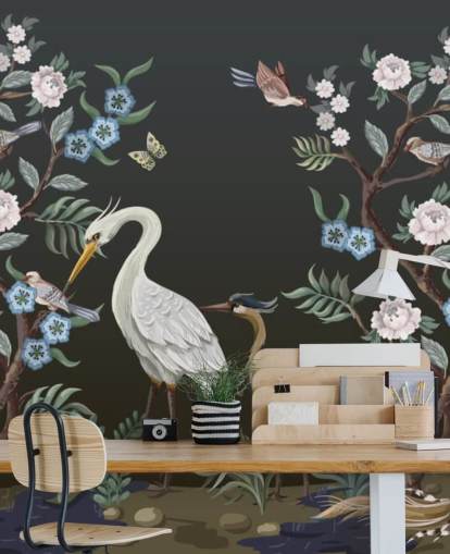 fundo preto com árvores orientais e pássaros papel de parede fundo preto com árvores orientais e pássaros papel de parede