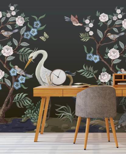 fondo negro con papel tapiz de árboles y pájaros orientales