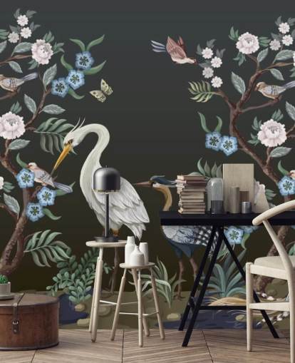 fundo preto com árvores orientais e pássaros papel de parede fundo preto com árvores orientais e pássaros papel de parede