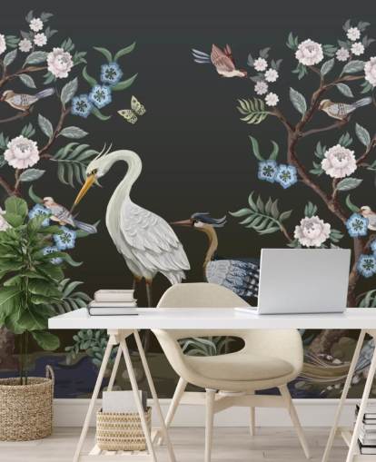 black background with oriental trees and birds wallpaper