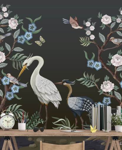 black background with oriental trees and birds wallpaper