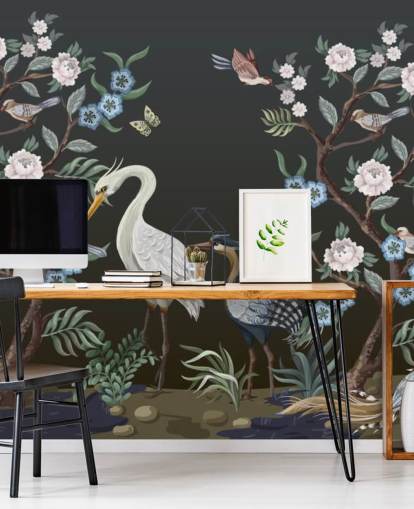 black background with oriental trees and birds wallpaper