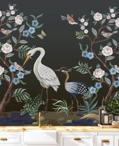 fundo preto com árvores orientais e pássaros papel de parede