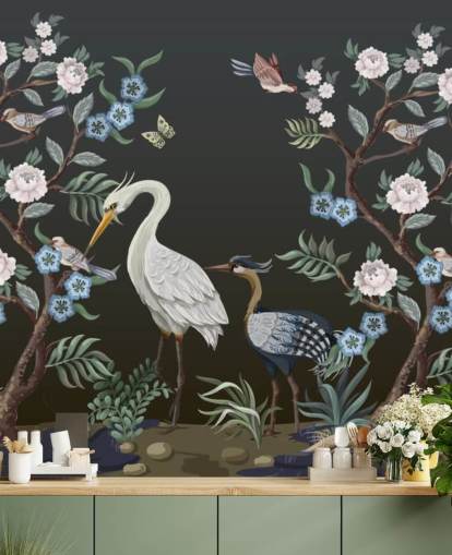 zwarte achtergrond met oosterse bomen en vogels behang zwarte achtergrond met oosterse bomen en vogels behang