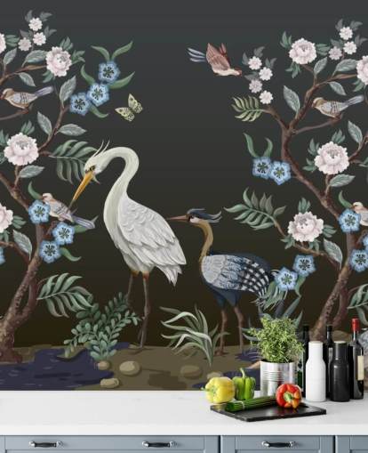 sfondo nero con alberi orientali e carta da parati uccelli