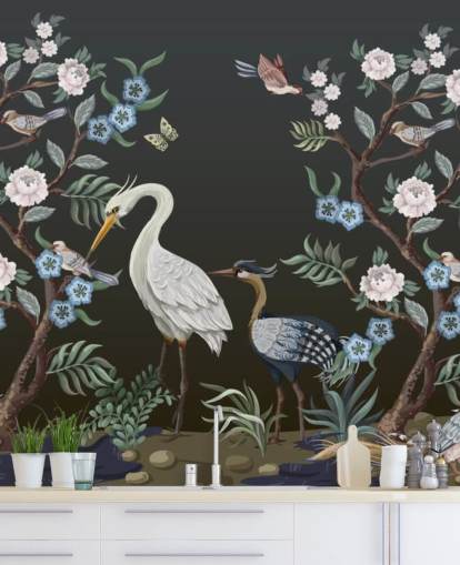 fondo negro con papel tapiz de árboles y pájaros orientales fondo negro con papel tapiz de árboles y pájaros orientales