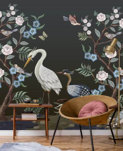 fundo preto com árvores orientais e pássaros papel de parede