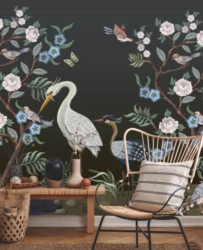 fundo preto com árvores orientais e pássaros papel de parede