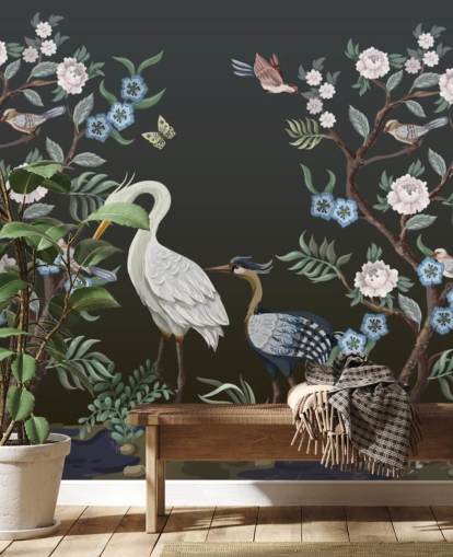 schwarzer Hintergrund mit orientalischen Bäumen und Vogel-Tapete