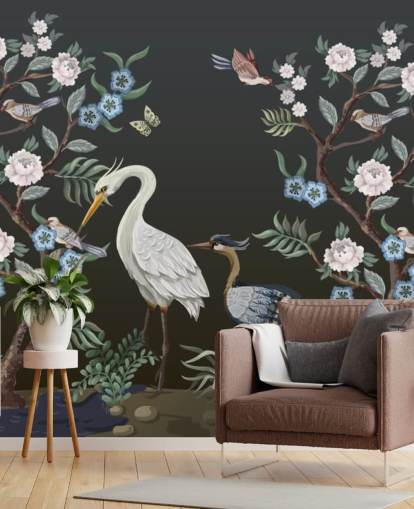 black background with oriental trees and birds wallpaper
