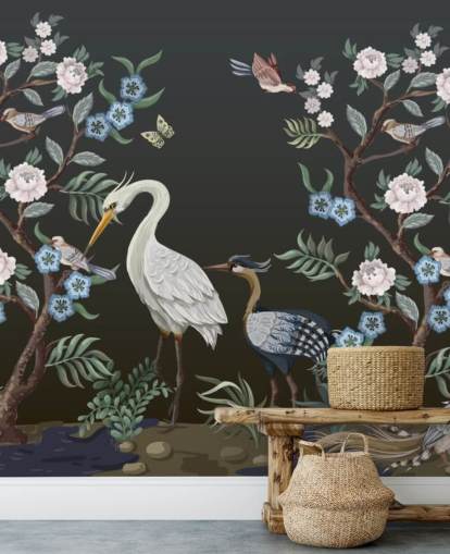 zwarte achtergrond met oosterse bomen en vogels behang