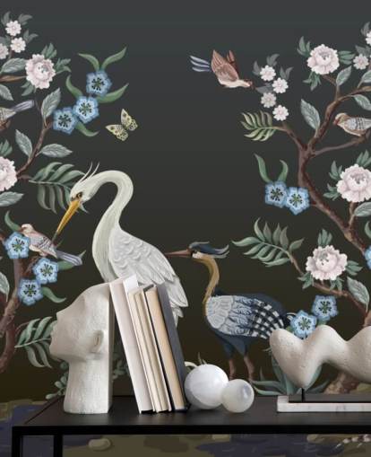 schwarzer Hintergrund mit orientalischen Bäumen und Vogel-Tapete