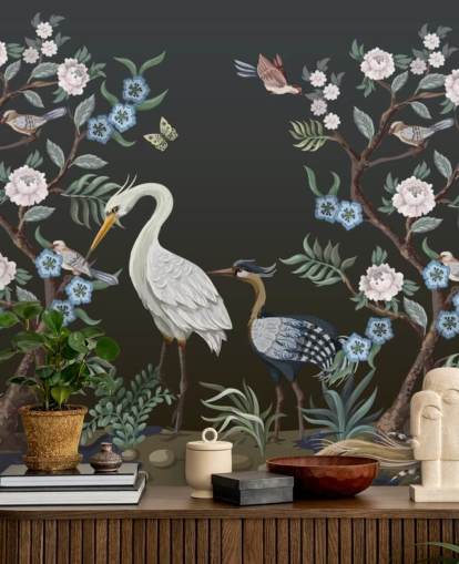 fondo negro con papel tapiz de árboles y pájaros orientales fondo negro con papel tapiz de árboles y pájaros orientales