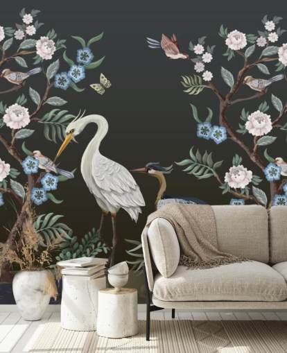 black background with oriental trees and birds wallpaper