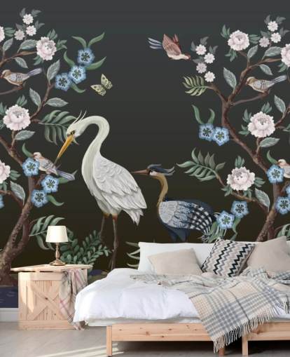 fundo preto com árvores orientais e pássaros papel de parede