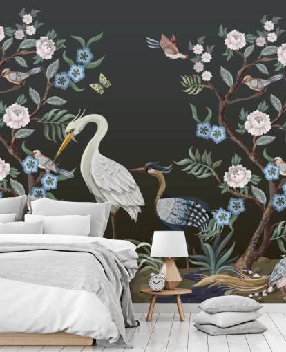 black background with oriental trees and birds wallpaper
