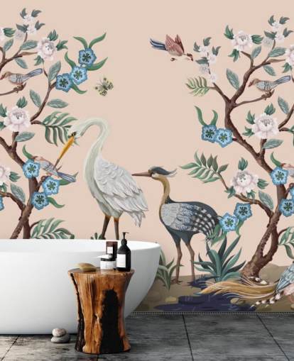 pastelkleurige vogels en bloemen behang