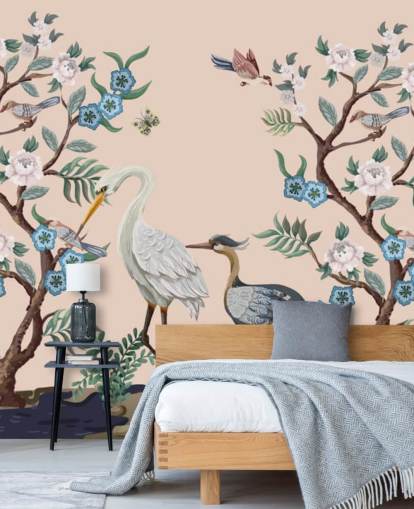 pastel toned birds and flowers wallpaper