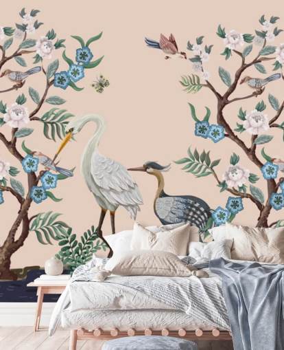 pastell tonet fugler og blomster tapet