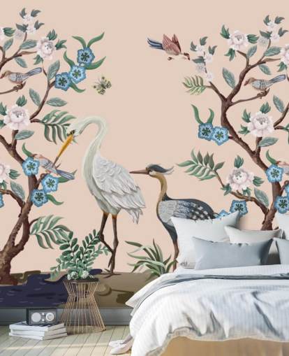 pastel toned birds and flowers wallpaper
