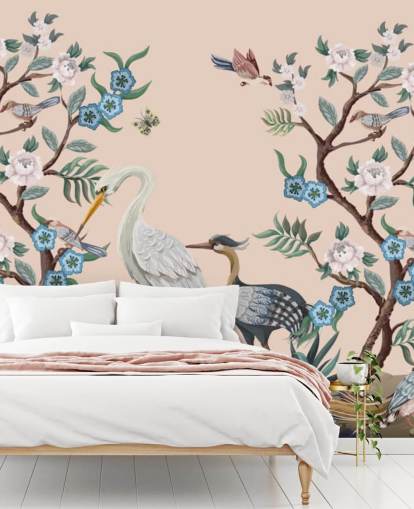 pastel toned birds and flowers wallpaper
