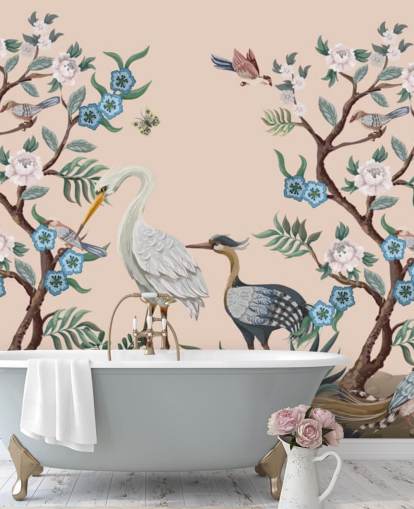 pastel toned birds and flowers wallpaper